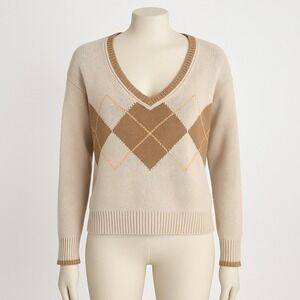 American Eagle AE Brown Argyle V Neck Knit Sweater Preppy Apre Ski Academia Y2K